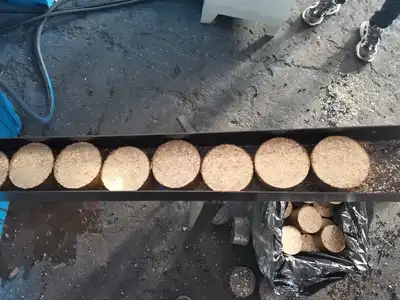 Brass briquettes leaving the press line