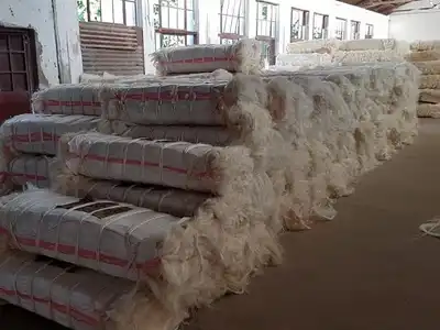 Wrapped sisal fibre bales in a warehouse