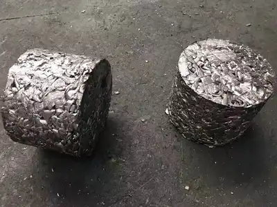 Finished steel chip briquettes ready for recycling