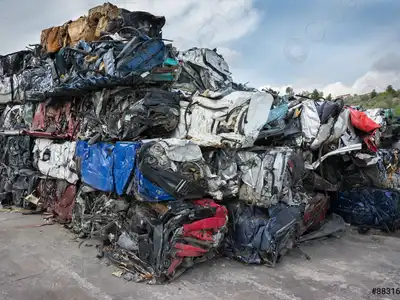Rows of compressed vehicle shells ready for shipment