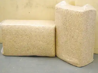 Two compressed sawdust blocks enclosed in clear bags