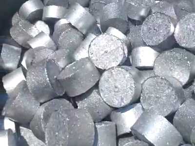 Close-up of cylindrical metal-chip briquettes