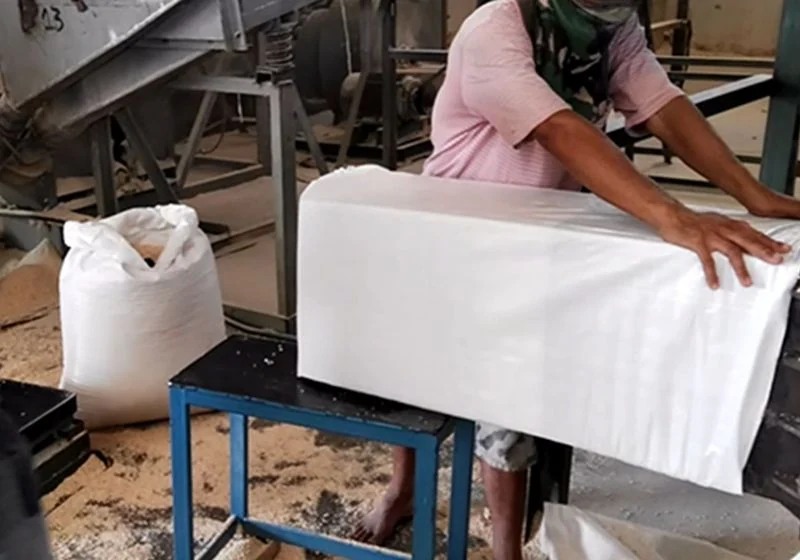 A bagged rectangular package at the corncob packing station