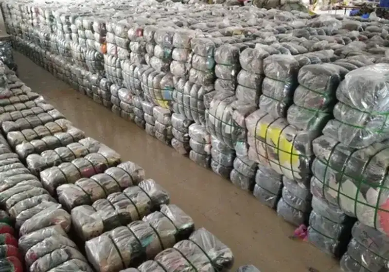 Rows of secured second-hand clothing bales
