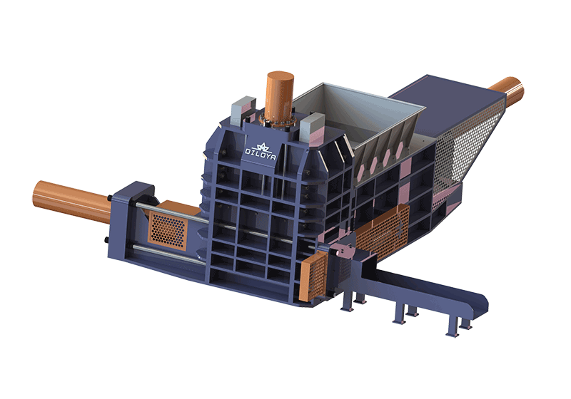 Three-ram shear baler illustration showing the loading hopper and discharge conveyor