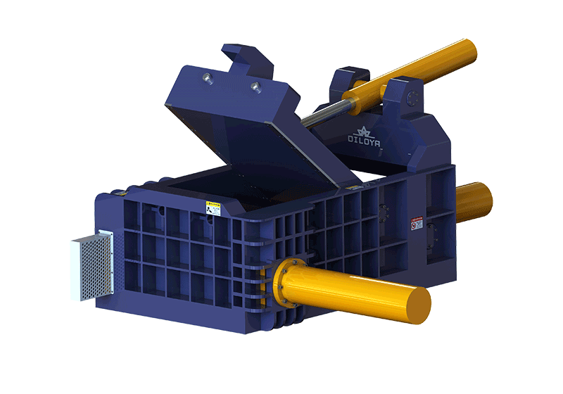 Side push-out metal baler illustration with an open loading lid