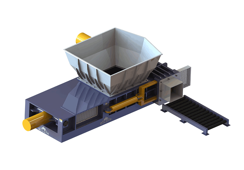Hopper-type shear baler illustration with wide loading hopper and roller conveyor