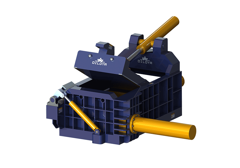 Side turn-out metal baler illustration with an open compression lid