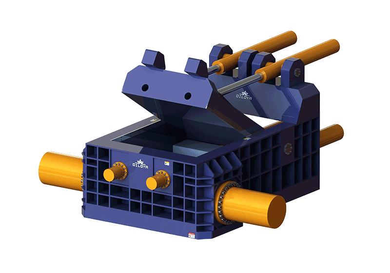Heavy-duty metal baler illustration showing twin main cylinders