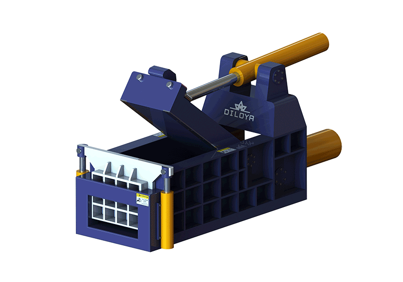 Forward-out scrap metal baler illustration showing the front discharge opening