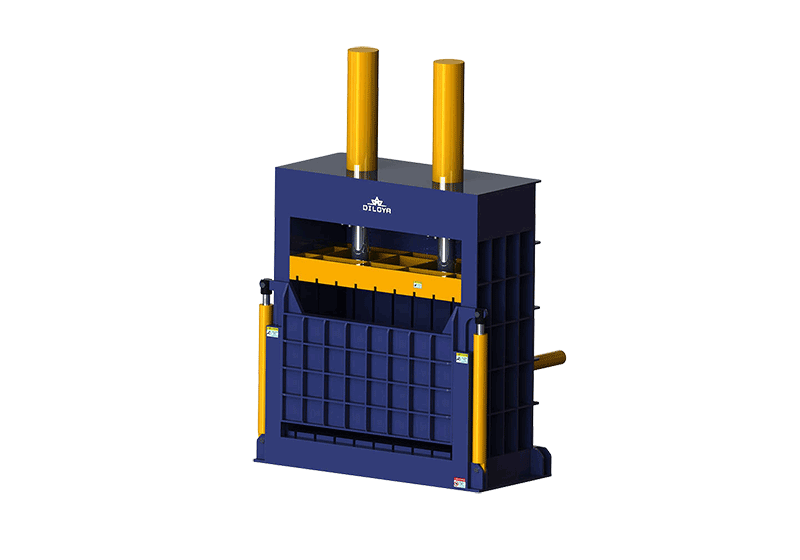 Vertical metal baler illustration with twin upper hydraulic cylinders