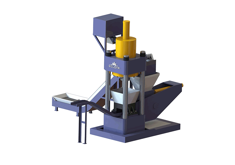 Vertical metal chip briquette press illustration with feed hopper and outfeed conveyor