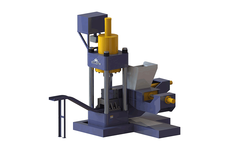Vertical pre-press briquetting machine illustration with feeding and compaction stages
