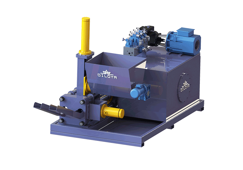 Double-outlet briquette press illustration with horizontal and vertical cylinders