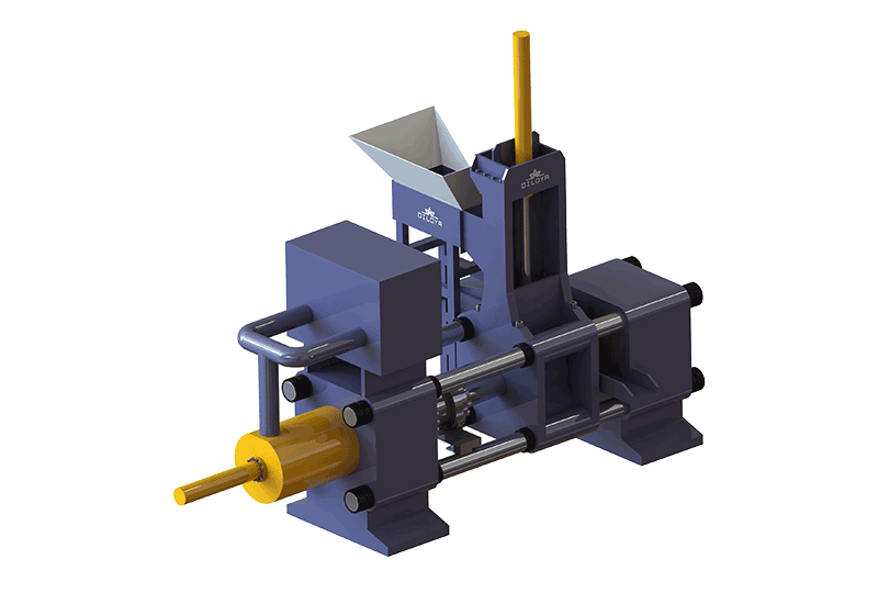 Horizontal briquette press illustration showing the main cylinder and upper feed hopper