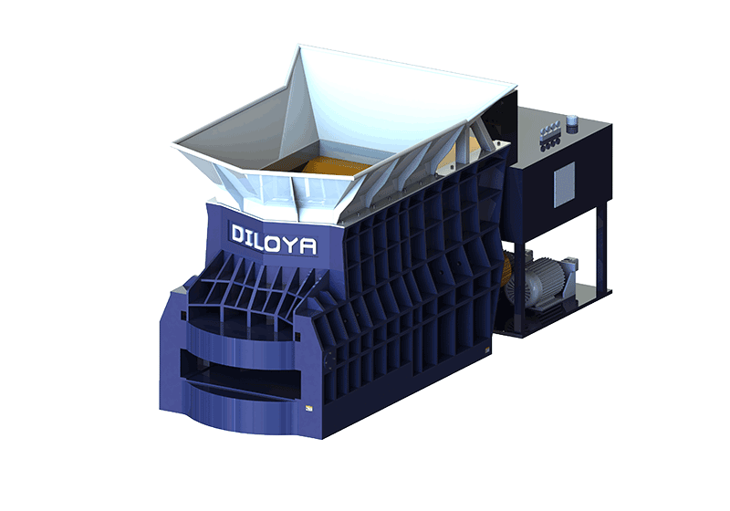 Horizontal container shear illustration with wide scrap receiving hopper