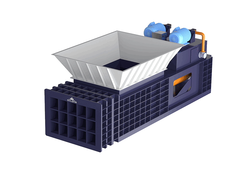 Horizontal grid shear illustration with wide hopper and reinforced cutting chamber