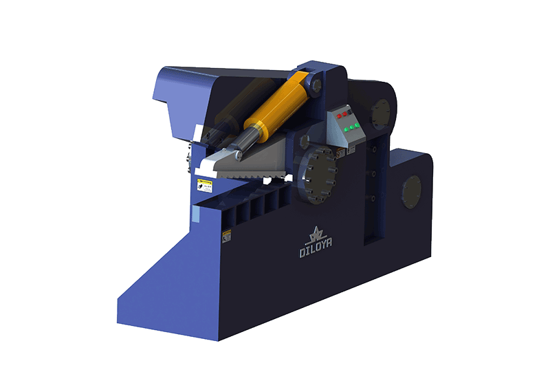 Alligator scrap shear illustration with pivoting blade and hydraulic cylinder