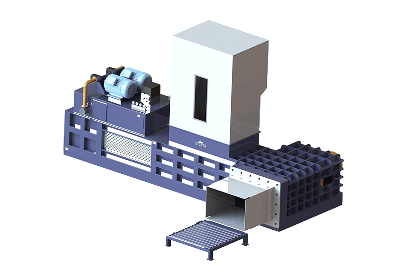 Large-bale bagging press illustration with feed hopper and roller discharge conveyor