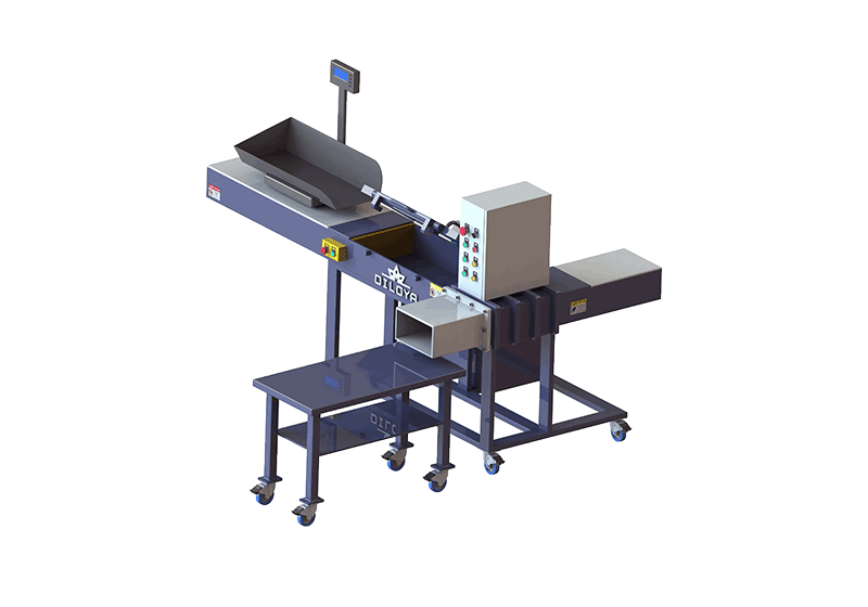 Wiping-rag bagging baler illustration with manual loading tray and discharge table